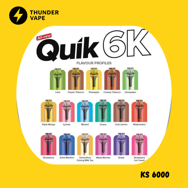 KS Quik 6000 Puffs พอตใช้แล้วทิ้ง ชาร์จได้ คอยล์เซรามิก ฟีลนุ่ม กลิ่นชัด